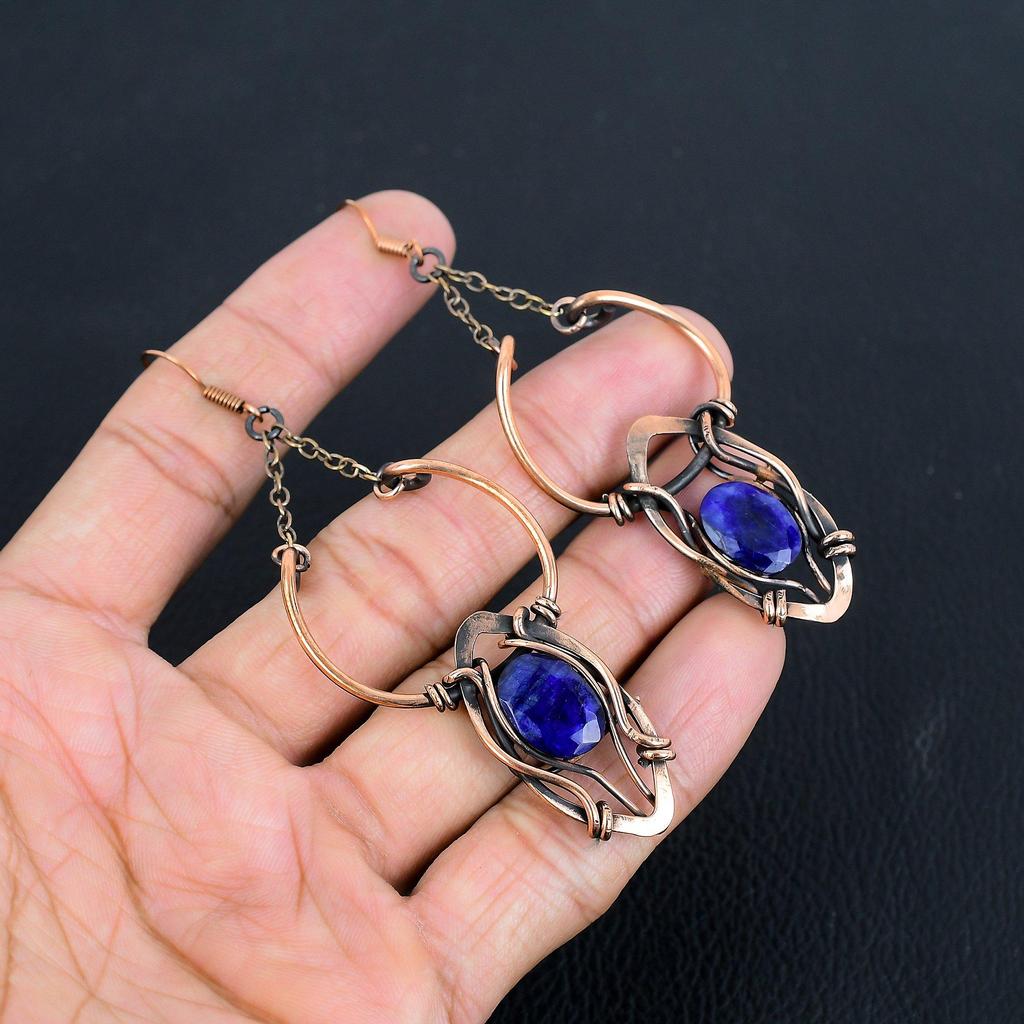 Blue Sapphire Earrings, Handmade Gemstone Earrings, 999 Copper Wire Wrapped Earrings Antique Jewelry, For Engagement Gift
