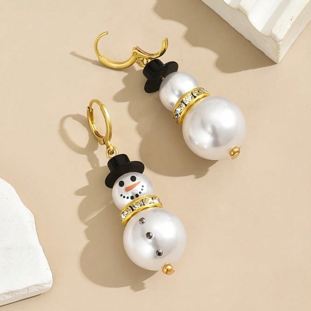 1 Pair Exquisite Snowman Dangle Earrings - Faux Pearl, Rhinestone Snowflakes, Tassel Accents, Christmas Style, Xmas Holiday Gift