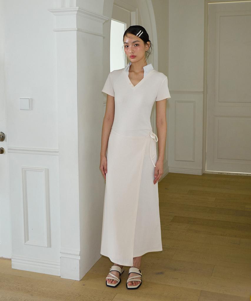 SALON DE YOHN Shirt Detail Long Wrap Dress_ Ivory