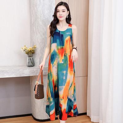 Damen Sommer Neues Böhmisches Baumwollseidenkleid Langes Strandkleid Ärmelloses Langes Kleid