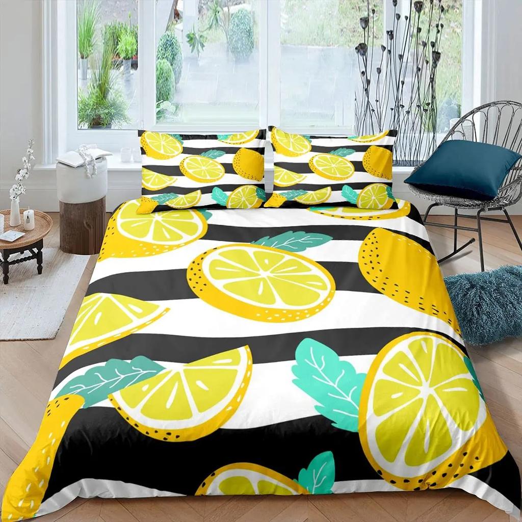 Lemon Duvet Cover Set,Bedding Set 3pcs for Teens Room,Botanical Natural Bright Yellow and Black Quilt Cover with 2 Pillowcases