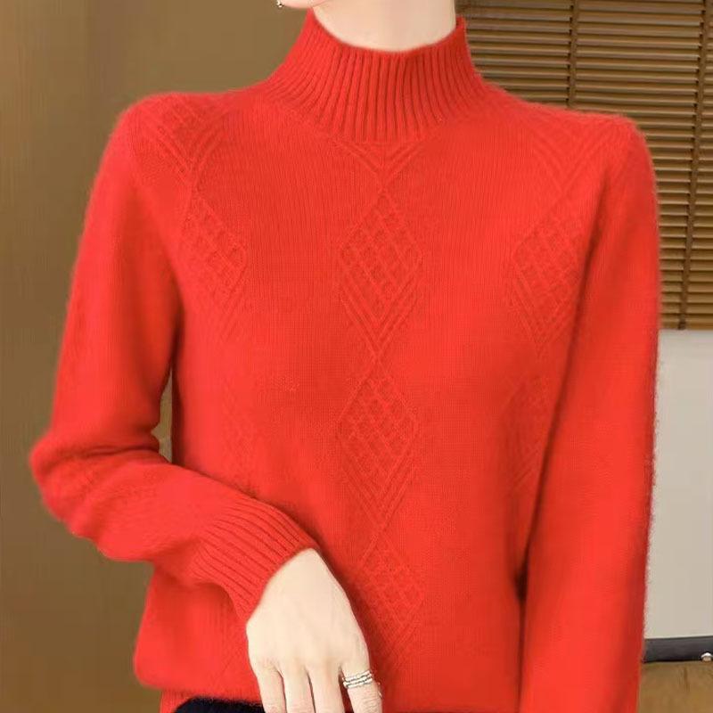 Half High Collar Jacquard Knitted Sweater Women's Autumn and Winter Solid Color Knitted Sweater Long Sleeved Loose Thick Pullover