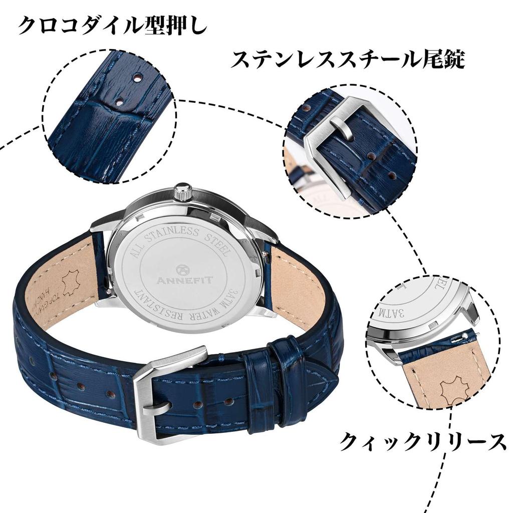 ANNEFIT Genuine Leather Watch Replacement Quick Buckle Band, 24mm, Crocodile-Embossed Leather, Strap, Release, Blue/Silver