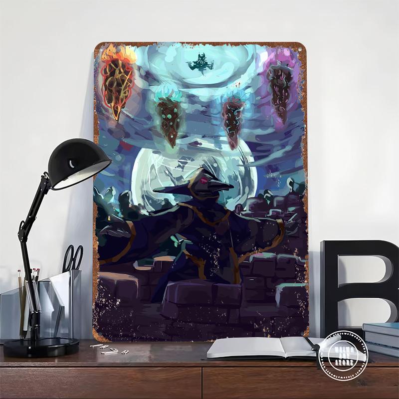 Dark Mage Summoning Elemental Forces Metal Poster Customized Wall Art Retro Vintage Tinplate Signs for Room Decoration Wand Deko