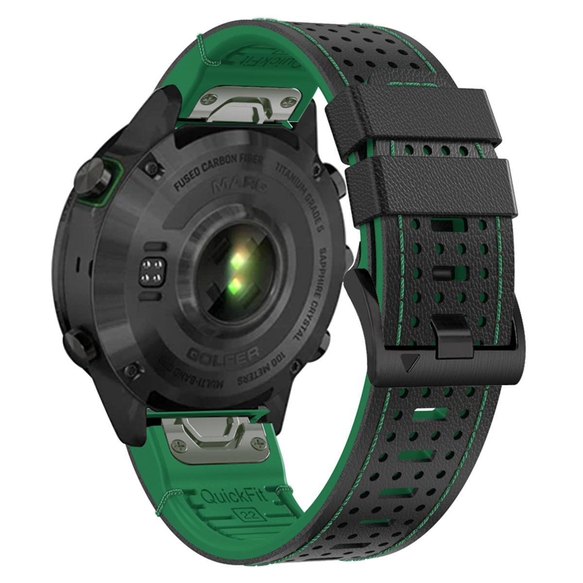

For Garmin Fenix 7/7 Pro Watch Strap 22mm Leather+Silicone Watch Band Black Green