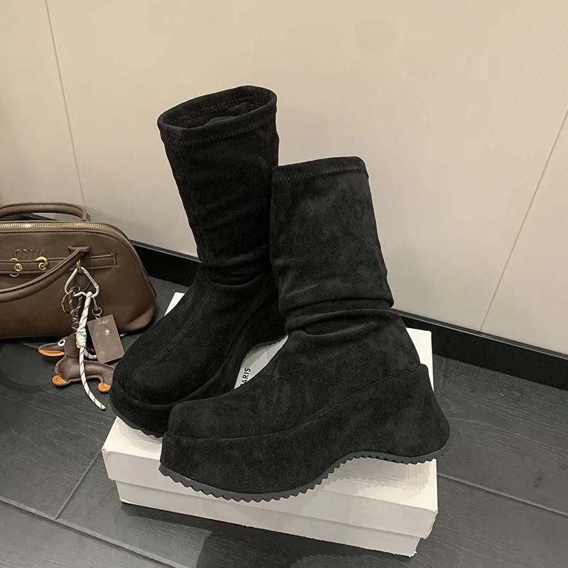 Chunky Platform Thick Sole Woman Mordern Boots Design Round Toe Slip On Shoes Autumn Winter Stretch Slim Short Botas Para Mujer