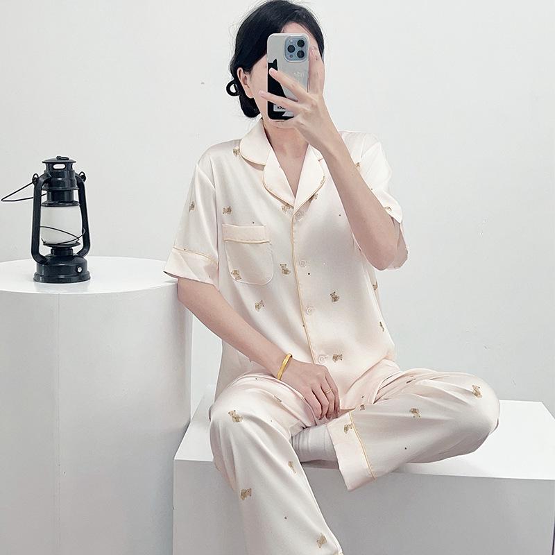 Women's 2025 Ice Silk Pajamas: Summer Thin, Loose Fit, Short Sleeve & Long Pants Set for Spring/Autumn