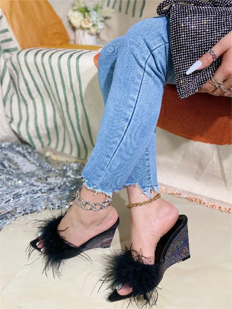 Fashion Eilyken New Design Feather Fur Wedges Slippers Sandals Women Pointed Toe Mules Lady Pumps Slides Zapatillas De Mujer