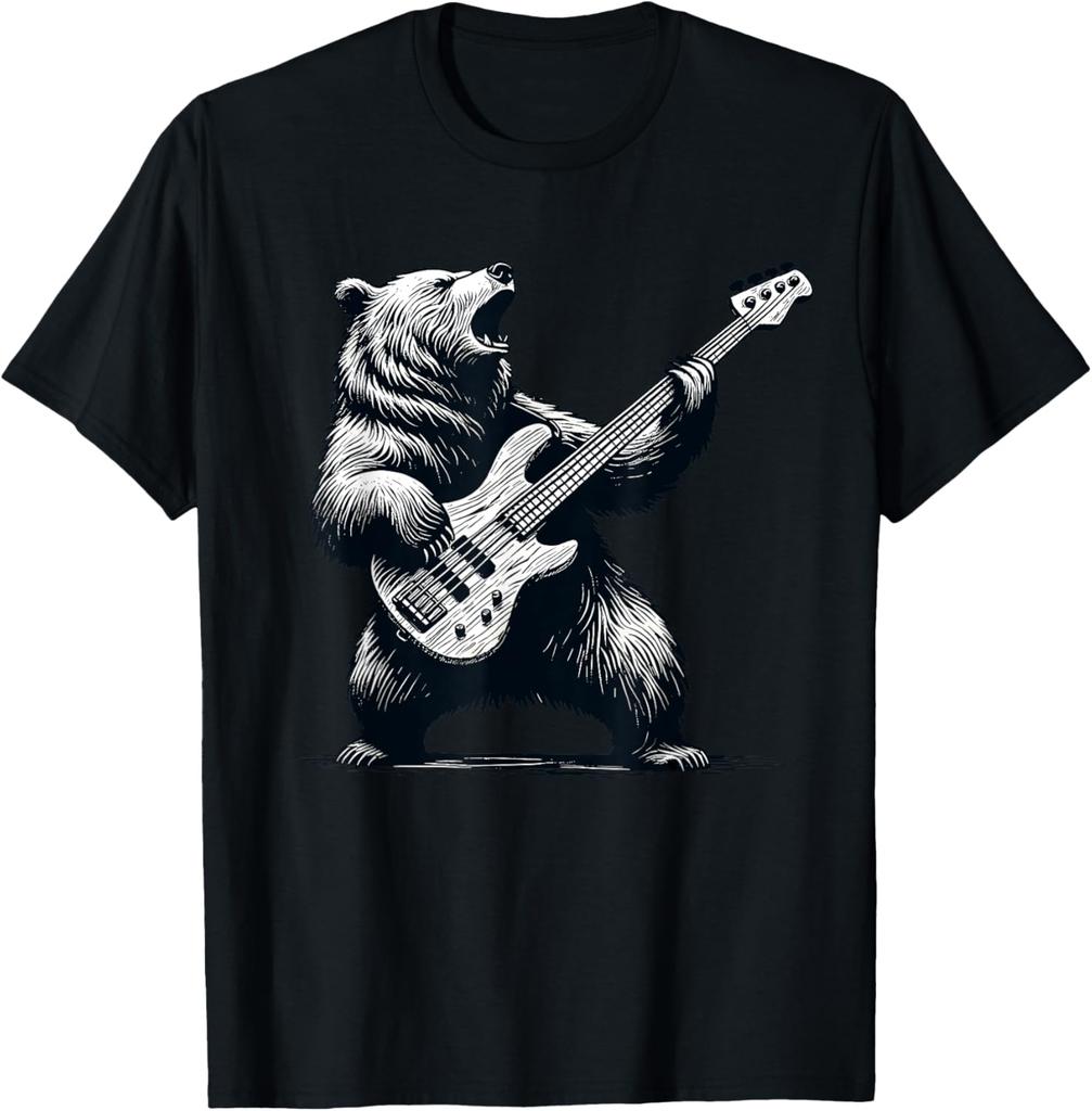 Rocking Bear Bass Guitar Player Music Cool Bassist Musicians T Shirts Christmas Guitar Humor Tee Short Sleeve Loose Clothing
