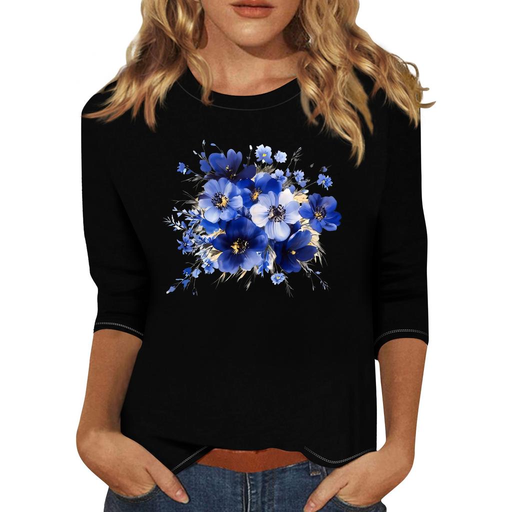Dames casual top met zevenpuntige mouwen en print, ronde hals.