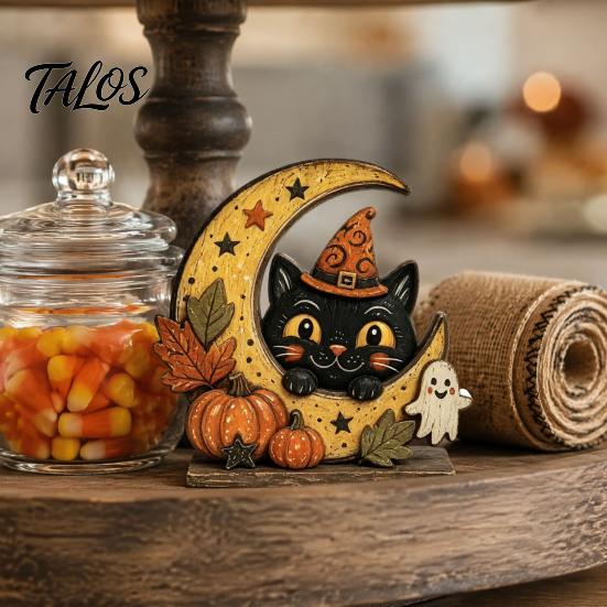 Waterproof Solid Wood Ornaments Halloween Retro Pumpkin Witch Cat Ghost Figurines with Crescent Base, Spooky Vintage Fall Holiday Party Supplies