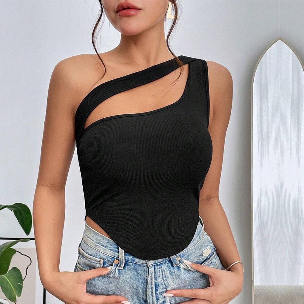 Women's 2026 New Slim Fit Ultra Short Irregular Hem Sloping Shoulder Chest Wrapped Vest Hollow Top