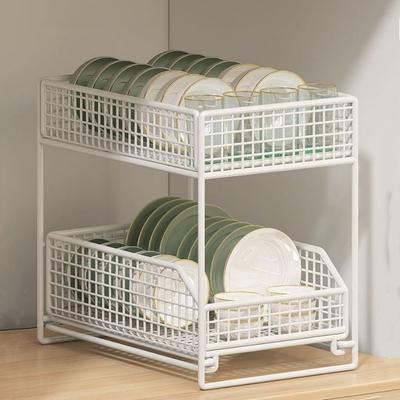 Simple Iron 2 Tier Storage Basket Stable Frame Large Capacity Pull Out Storage Rack Space Saving Cabinet Organizer Bathroom