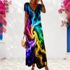 Women Plus Size V Neck Short Sleeve Rainbow Tie Dye Printed Long Dress
