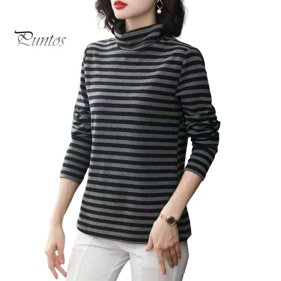 

Женские топы с высоким воротником и длинным рукавом, с утолщенной бархатной подкладкой, с пуловером, с полосатым принтом, футболки 3XL