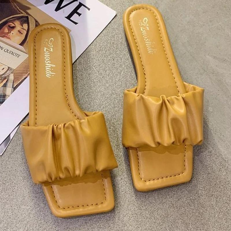 Woman Flat Slides Slippers Summer 2024 Stylish Square Head Pleated Sandals for Women Casual Flip Flops Solid Color Shoes Fashion