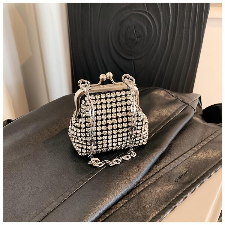 Trendy Mini Rhinestone Kiss Lock Crossbody Bag For Girls Cute Punk Evening Shoulder Purse With Detachable Metal Chain Strap Ideal For Parties Outings