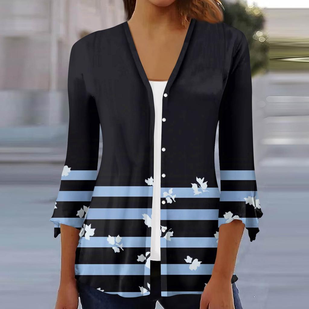 Women's Fashion Loose Casual Printed Seven-Part Sleeve Button Down Blouse Cardigan Top
