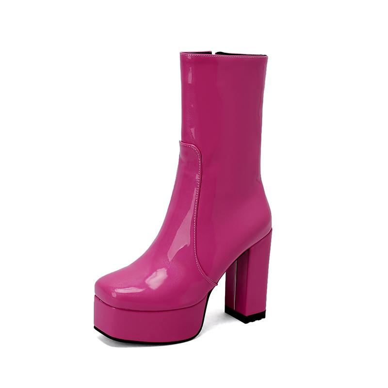 Shiny Patent Leather Material Square Toe Highthick Heel Plush Inner Lining Short Boots Platform Sewing Zipper Women s Ankle Boot 39 6769₽