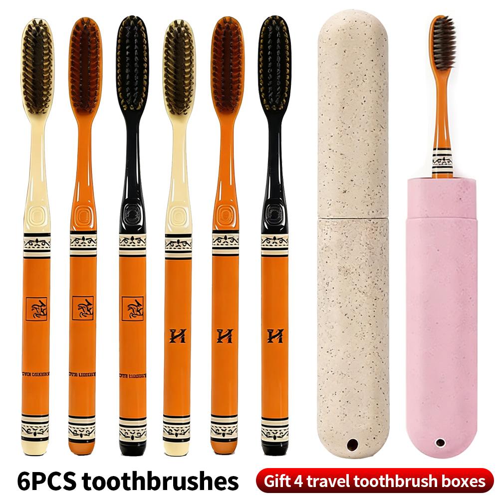 

Big Head Soft Toothbrushes 6Pcs Long Handle Orange - 4 Complimentary Travel Storage Holders for Home & Travel Use
