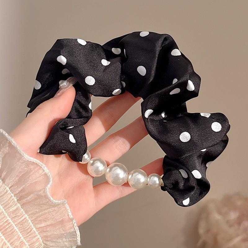 2025 New Style Women's Polka Dot Satin Pearl Hair Tie Bun Head Ring