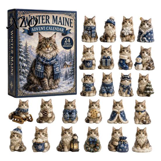 24 Day Christmas Countdown Cat Advent Calendar, with Cute Ornaments, Decorative Accents 2D Acrylic Kitty Holiday Decorations, Gift for Kids,