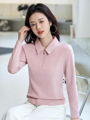 2025 Kadın Slim Fit Uzun Kollu Polo Yaka Tişört - İlkbahar ve Sonbahar İçin Düz Renk Baz Katman