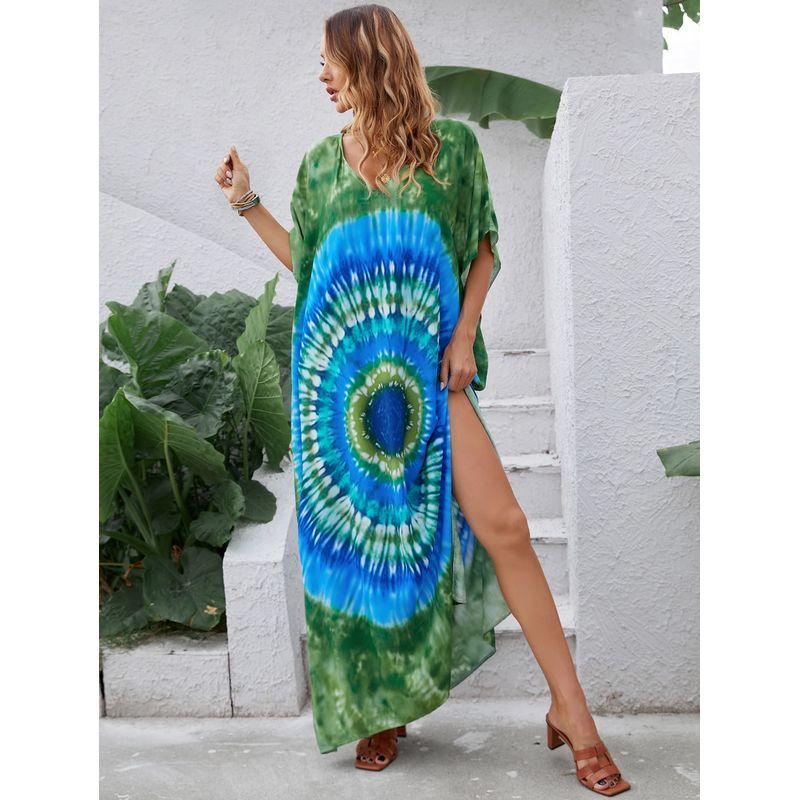 

Богемное платье с V-образным вырезом, быстросохнущее, с позиционированным цветочным принтом, с разрезом, с короткими рукавами, пляжная блузка-бикини, рубашка для защиты от солнца, женская Army Green One size