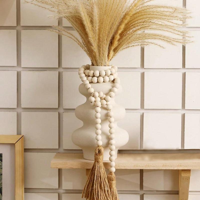 1pc Farmhouse Beads Wooden Beads Garland with Tassels – Rustic Boho Wedding Decor Holiday Wreath for Door/Halloween/Thanksgiving/Christmas