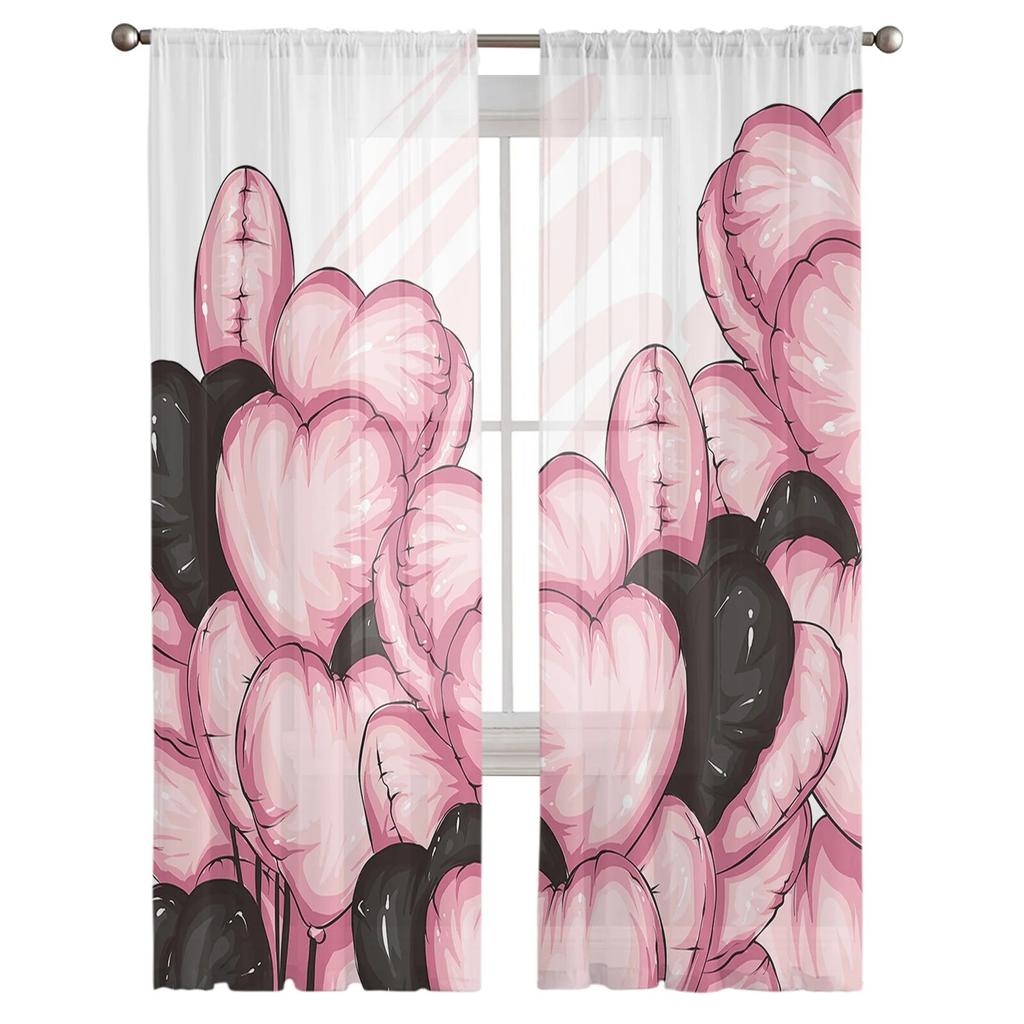 Valentine'S Day Pink Love Balloons Tulle Curtains for Living Room Sheer Curtain for Bedroom Kitchen Blinds Voile Curtains