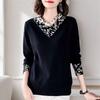Autumn Winter Women's Velvet undershirt Bottoming Shirt Stitching V-neck Plus Size T-shirt Loose Warm Base Layer