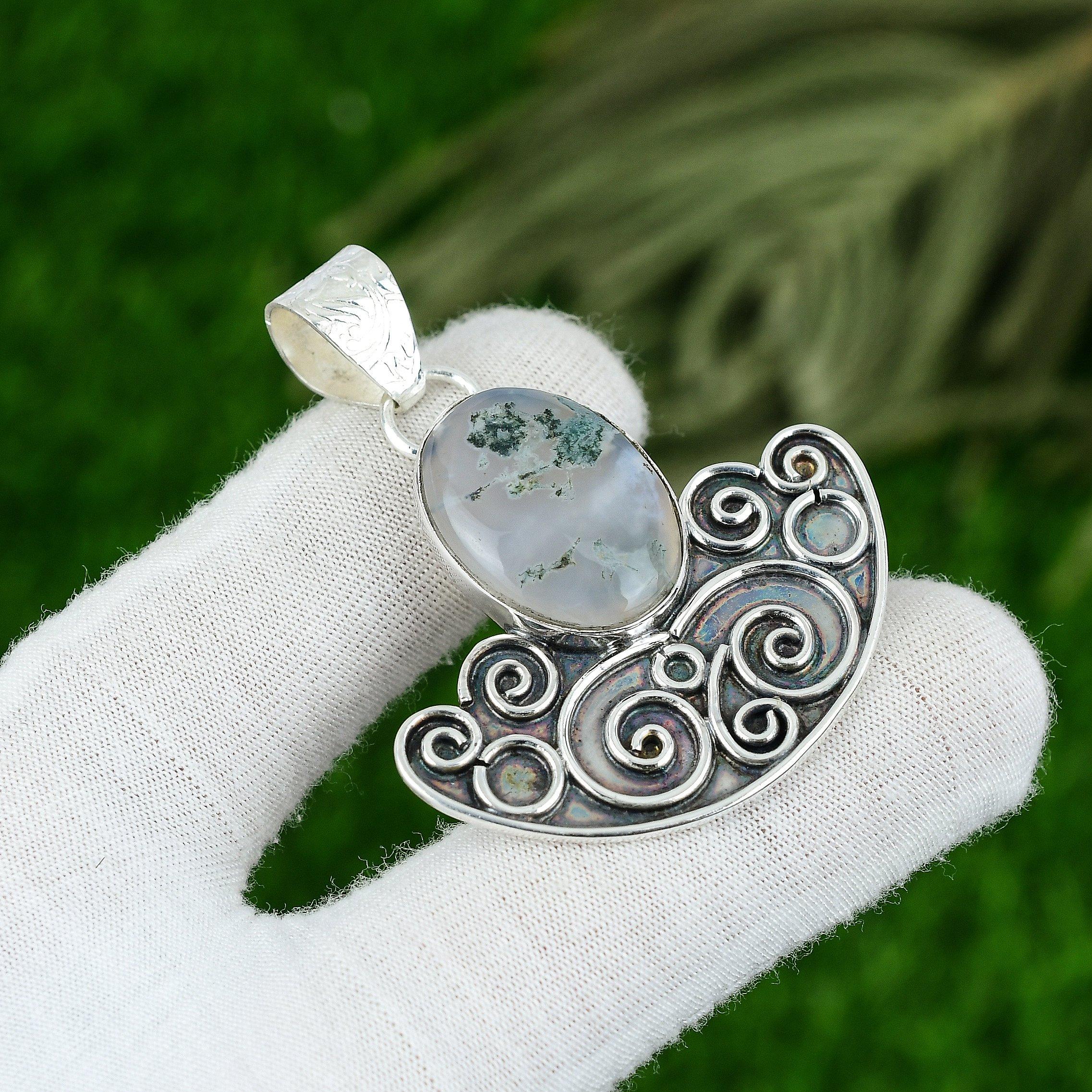 

Sisters Day Sale Sterling Silver Solar Moss Agate Gemstone Mother Bezel Pendant