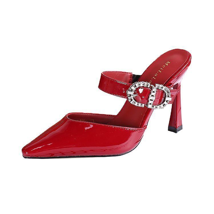 French pointed high-heeled slippers women's burgundy spring and summer new thin heel strap wear patent leather bag head women's sandals