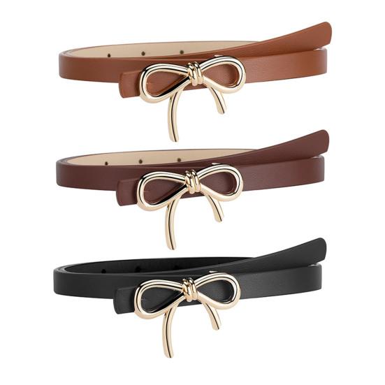 Women Belt Solid Color Metal Bowknot Decorated Imitation Leather Strap Belt Adjustable Holes Slim Waistband