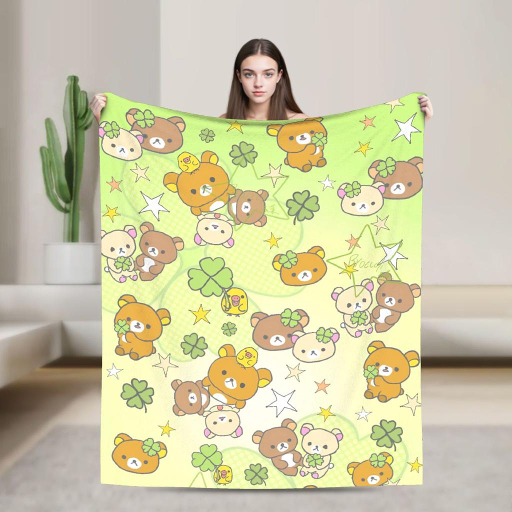 Super Warm BlanketsBoy Girl Picnic Rilakkumas Lucky Four-Leaf Throw Blanket Flannel Bedspread For Outdoor Funny Sofa Bed Cover
