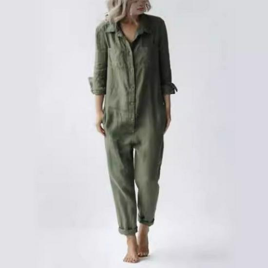 

Green Casual Cotton Long Sleeve Jumpsuit with Turn-Down Collar and Pocket M