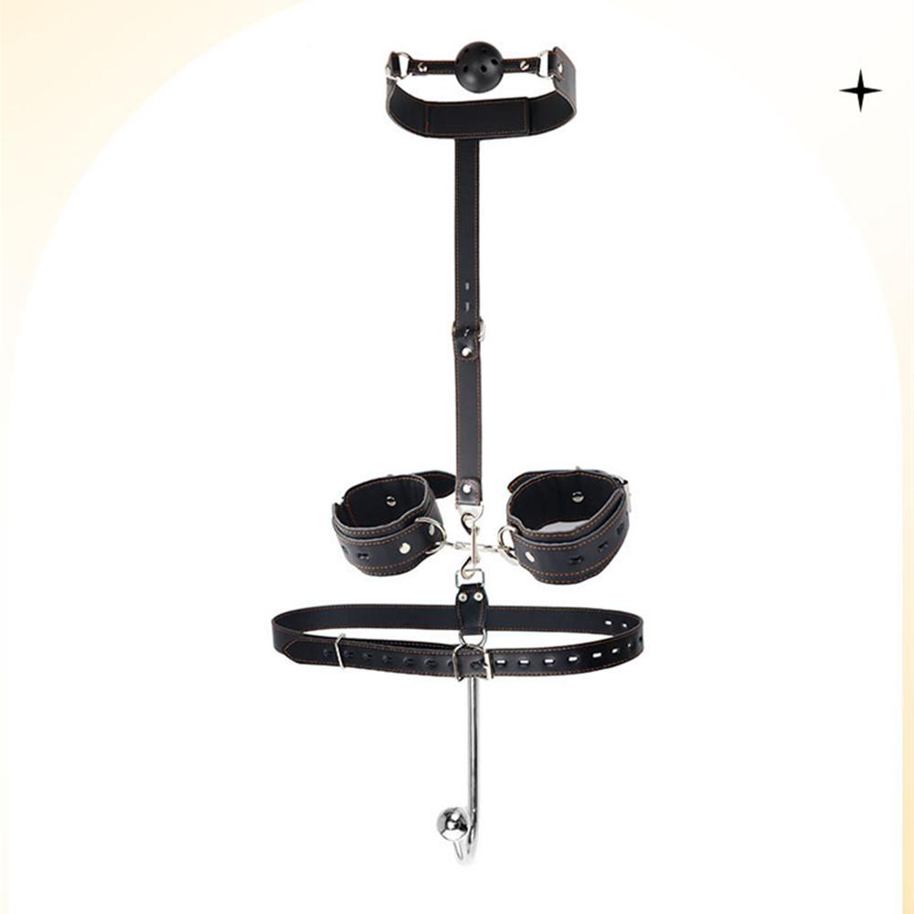 BDSM Handcuffs Anal Hook Mouth Plug Collar Bondage Kit Adults Games Adjustable Size Leather Metal Butt Plug Sex Toys for Couples