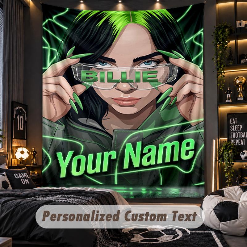 Personalisierte Wandtapisserie, Billie Eilish Individuell Bedruckter Name, Stoff-Wandkunst für Innenraum-Hintergrund