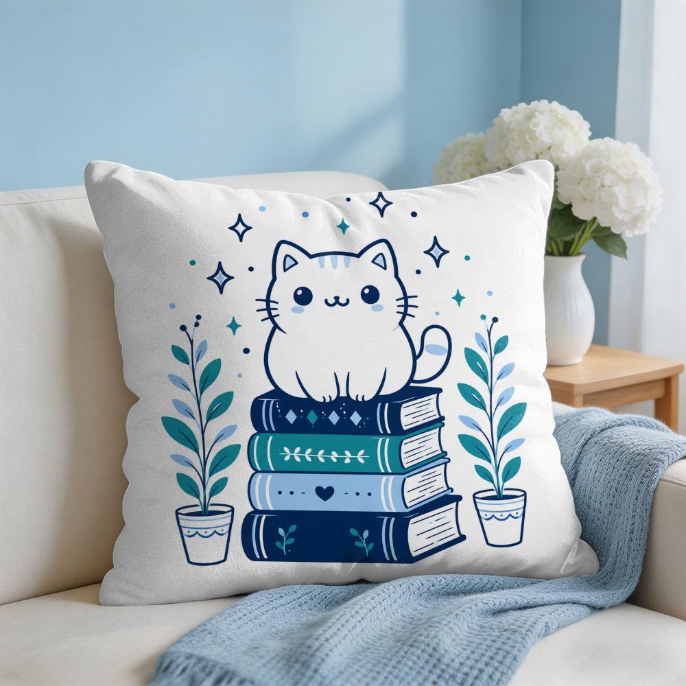 Cushion Cover The Cat on the Book Short Plush Soft DoubleSided Printing Pillow Case Cozy Sofa Bedroom Home Decor Gift