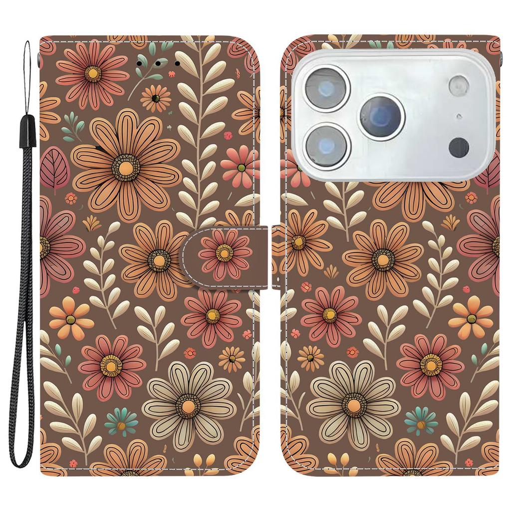 For iPhone 17 Pro Wallet Case Pattern Printing Leather Stand Phone Cover with Strap