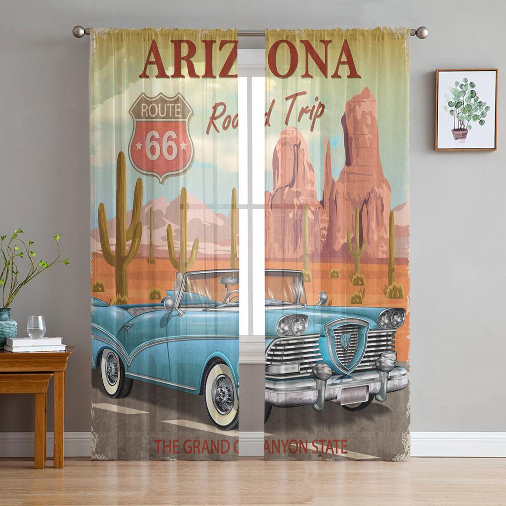 Motorcycle Highway Retro Style Chiffon Sheer Curtains for Living Room Bedroom Home Decoration Window Voiles Tulle Curtain
