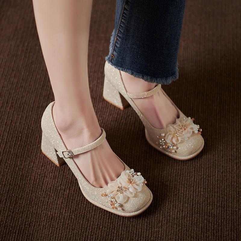 Fashion Spring New Coarse Heel Single Shoes Women's Square Head Shallow Mouth Flower Anti-slip Wear-resistant High Heels