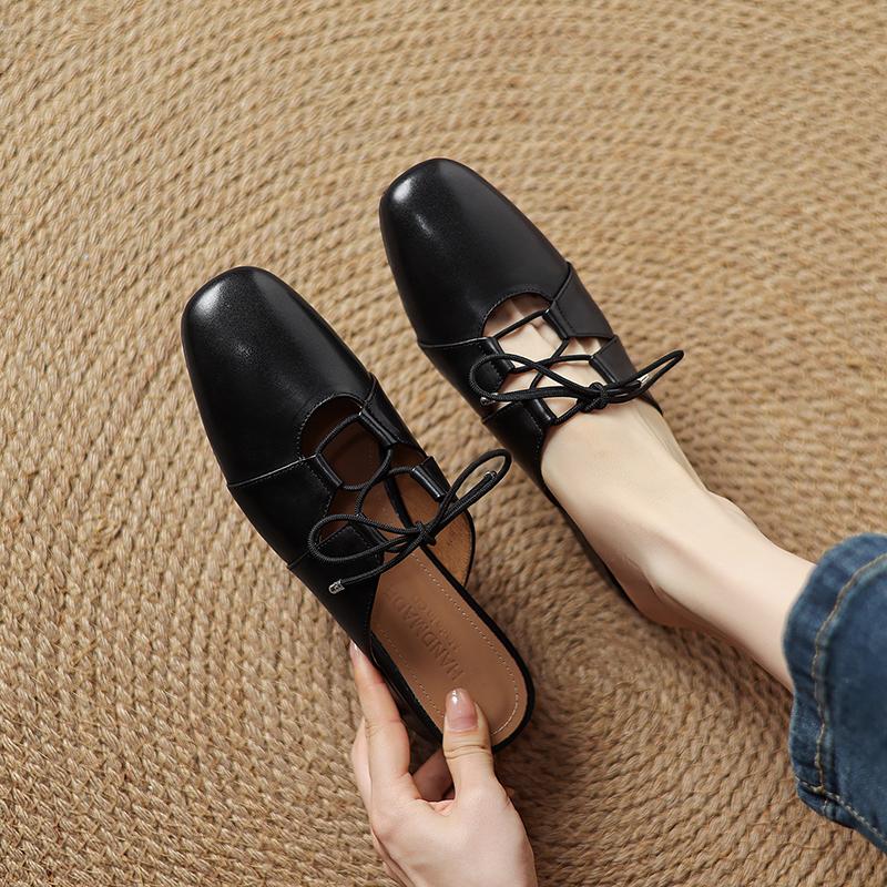 Fashion New Summer Women Mules Genuine Leather Shoes for Women Round Toe Low Heel Shoes Cover Toe Slip-on Women Sandals Retro Slippers