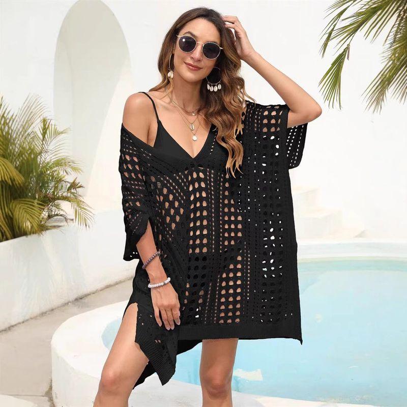 

Модный стиль Летняя женская одежда Вырез Вязаный купальник Блузка Женская Свободная большого размера Пляжное платье Отпускной стиль Платье Black All yards