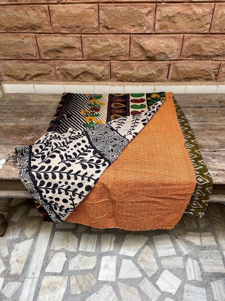 Handmade Kantha Quilt: Floral & Striped Bohemian Bedspread