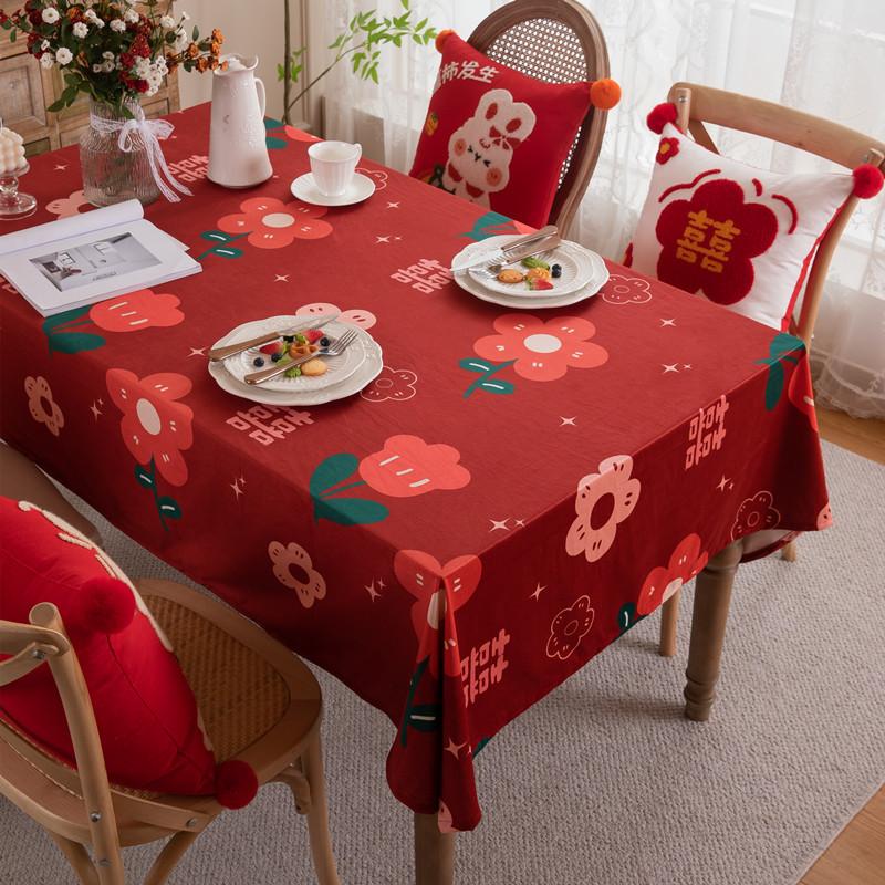 Flannel Printing Wedding Wedding Happy Characters Red Festive Wedding Room Decoration Coffee Table Tablecloth Dining Table Cloth