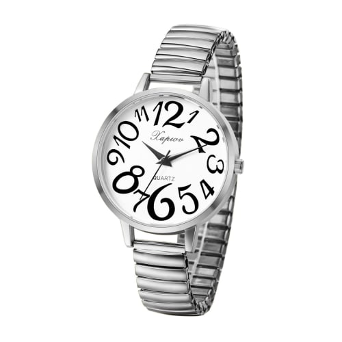 

Women s Analog Watch with Large Numerals, Elastic Strap, One Size Fits Most, Simple and Stylish Quartz Watch, Silver, Fashion Accessory, Perfect Gift