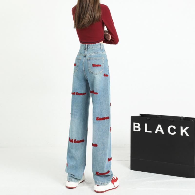American high street embroidered jeans women's autumn new loose wide-leg straight high-waisted long pants American