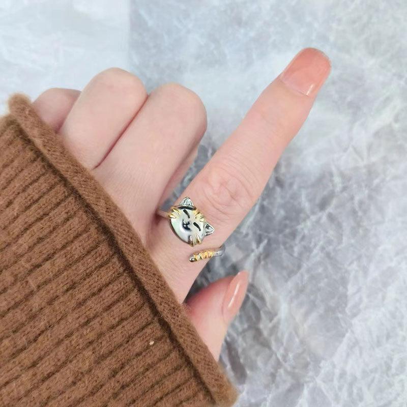 Geometric Cat Stress Relief Adjustable Ring Copper Jewelry For Women