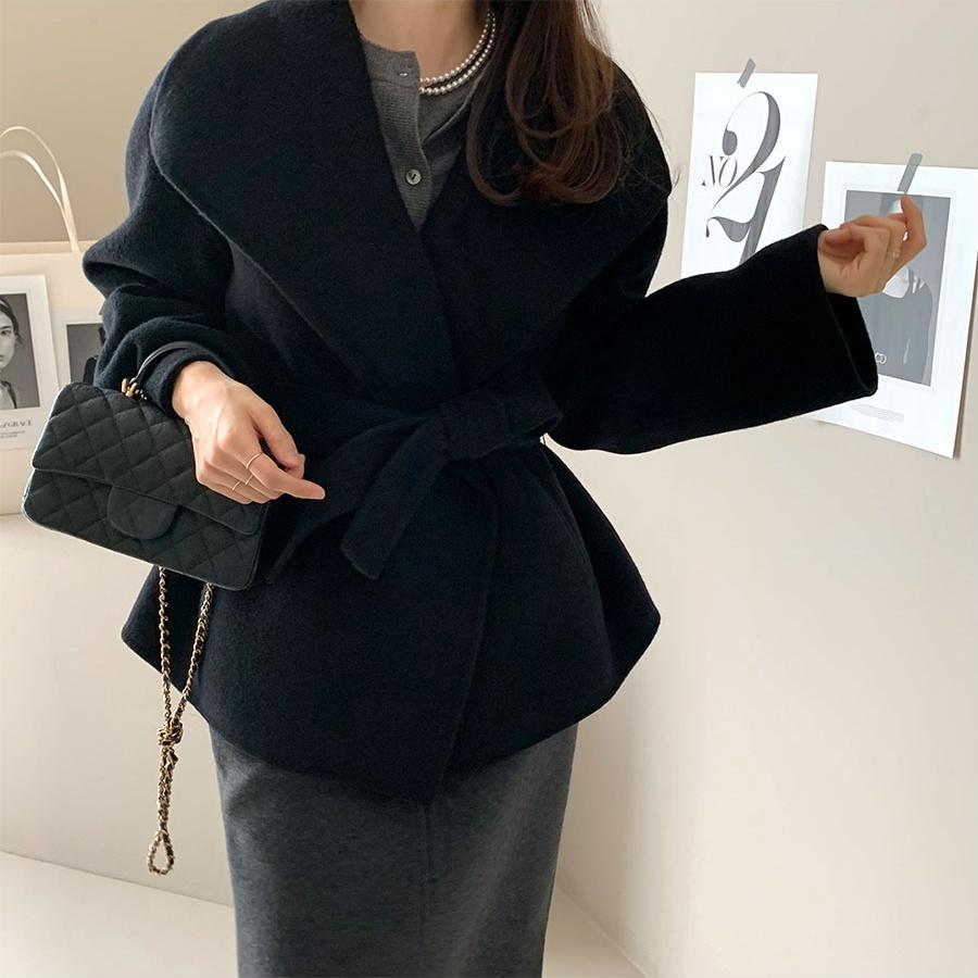 

Корейский шик осень-зима ретро пальто женская мода простой дизайн лацкан шерстяной пиджак галстук серый карман повседневные короткие смеси новый One Size чёрный